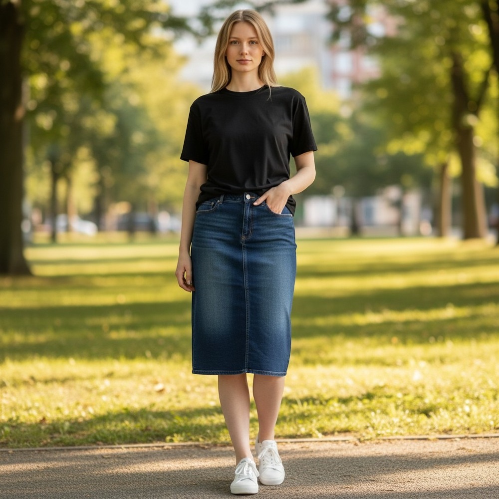 Est. 1946 Denim Blue Midi Skirt Plus Size 16W Elastic Waist Medium Wash Pencil